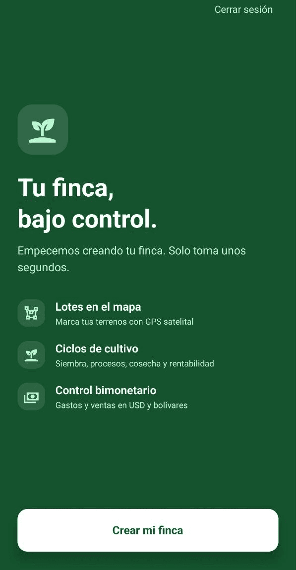 Pantalla de inicio de AgroTrack con el resumen de la finca y el ciclo activo