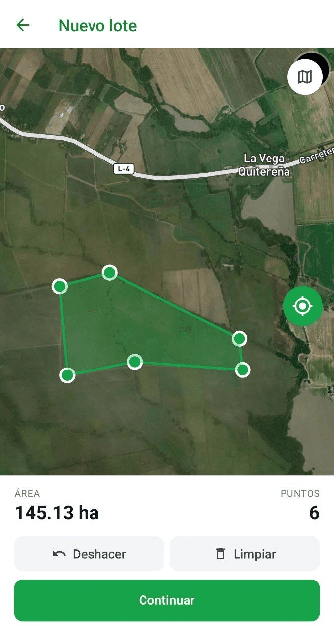 Pantalla de AgroTrack marcando un lote sobre el mapa satelital